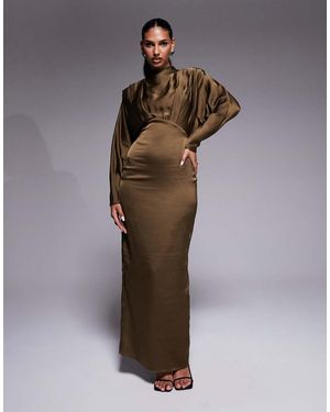 TFNC London Satin High Neck Fold Over Detail Maxi Dress - Brown