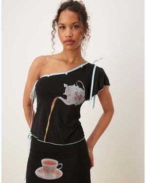 Tyler McGillivary Alice Tea Motif Ribbon Top Co-Ord - Black