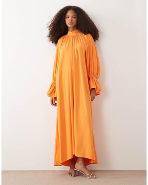 Iyal High Neck Cuff Sleeve Detail Maxi Dress - Orange
