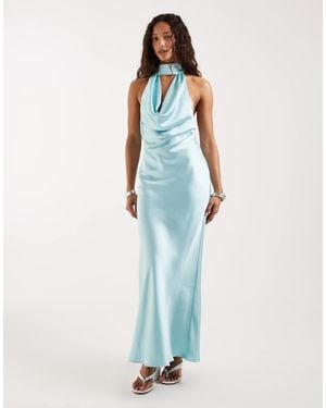 Pretty Lavish Choker Cowl Neck Low Back Satin Maxi Dress - Blue