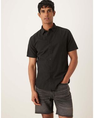 SELECTED Camisa Negra De Manga Corta De Mezcla De Lino De - Negro