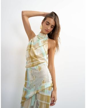 TOPSHOP Premium Linen Blend Halter Neck Lace Hem Occasion Maxi Dress - Multicolor