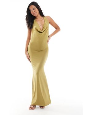 New Look Vestito Lungo Allacciato Al Collo Con Scollo Ad Anello Kaki Chiaro - Metallizzato