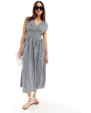 Y.A.S Shirred Waist V Neck Midi Dress - Blue