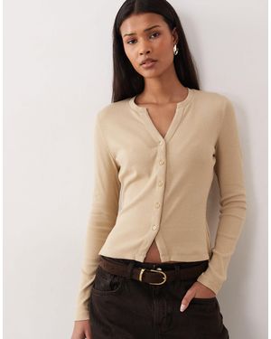 Threadbare Long Sleeve Button Through Ribbed Top - Natural