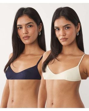 ASOS Nora Pack De 2 Bralettes Cropped Acanalados En Azul Marino Y Blanco Crema-Multi