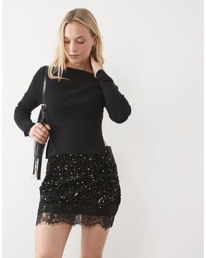 Vila High Waist Sequin & Velour Mini Skirt With Lace Trim - Black