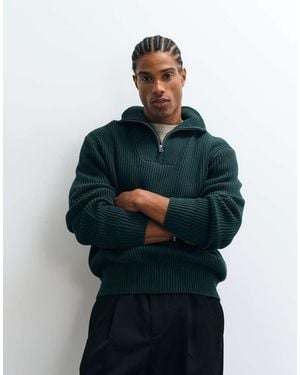 SELECTED 100% Cotton High Neck 1/4 Zip Knit Jumper - Blue