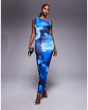 Fashionkilla Double Sculpted Slinky Asymmetric Shoulder Maxi Dress - Blue