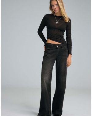 Stradivarius Petite jeans mit doppeltem bund und weitem bein - Schwarz