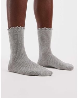 Pieces Frilly Trim Socks - Grey