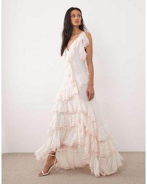 For Love & Lemons Juniper Chiffon V-Neck Ruffle Tiered Maxi Dress - Pink