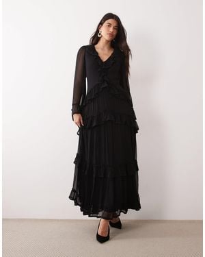 LACE & BEADS Chiffon Plunge Neck Flare Sleeve Ruffle Maxi Dress - Black
