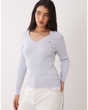 GANT Pull en maille torsadée à col en v - pastel - Gris