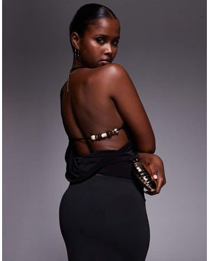 Fashionkilla Exclusive Double Sculpted Slinky High Neck Open Side Bead Detail Top - Blue