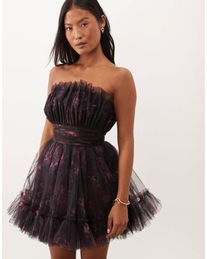 LACE & BEADS Tulle Bandeau Structured Flippy Mini Dress - Black