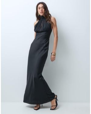 ASOS High Neck Satin Maxi Dress With Ruched Chiffon Detail - Blue
