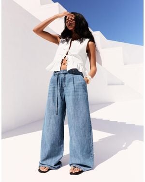Pull&Bear Drawstring Waist Wide Leg Jean - Blue