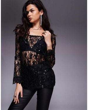 ASOS Delicate Lace Embellished Square Neck Long Line Top - Black