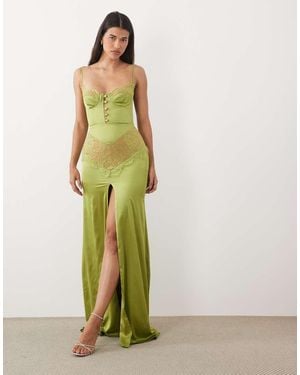 The Dolls House Dolce Premium Satin And Lace Insert Cami Maxi Dress - Green