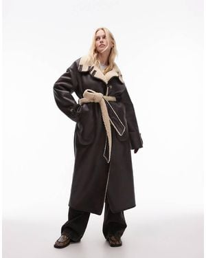 TOPSHOP Faux Leather Oversized Shearling Trench Coat - Black