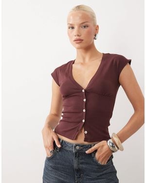 Gina Tricot Top sans manches à col v profond boutonné couleur chocolat - Rouge