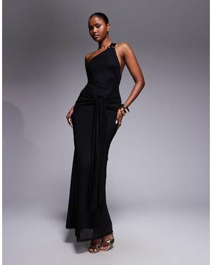ASOS Mesh One Shoulder Trim Detail Maxi Dress With Drape Tie Front - Black