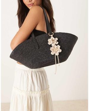 Mango Woven Straw Bag With Flower Charm - Natural