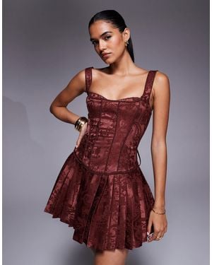 Murci Satin Jacquard Structured Corset Square Neck Pleated Mini Dress