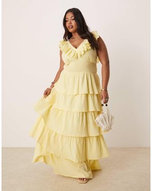 Pretty Lavish Curve Shirred Ruffle Maxi Dress - Natural