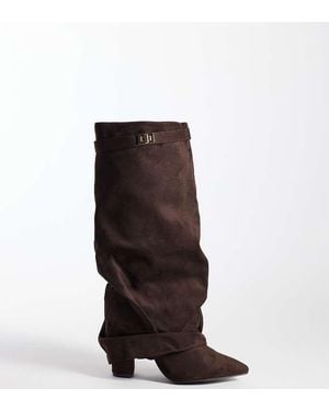 SEQWL Wide Fit Ranger Faux Suede Fold Over Knee Boots - Brown