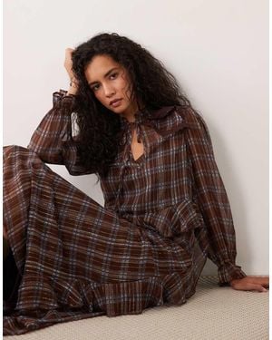 Wednesday's Girl Long Sleeve Ruffle Midaxi Dress With Lace Detail - Brown