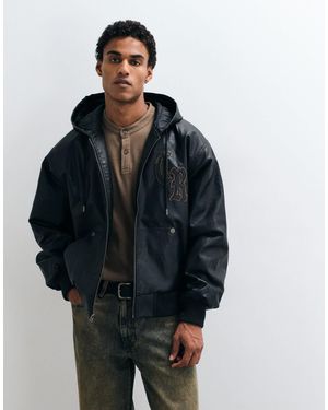 TRUE RELIGION Faux Leather Hooded Bomber Jacket - Black