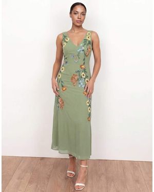 Maya Flower Embellished Tie Back Midaxi Slip Dress - Green