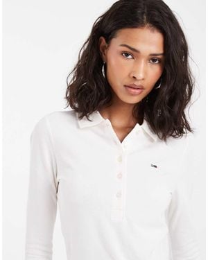 Tommy Hilfiger Polo Slim Fit A Maniche Lunghe Bianca Con Logo Della Bandiera - Bianco