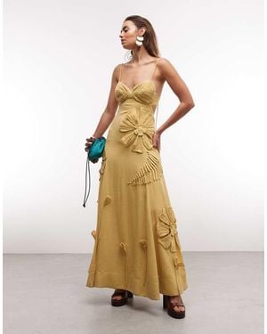 ASOS Cami Maxi Dress With Floral Applique And Pleat Bust Detail - Natural