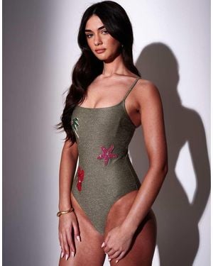 South Beach Motif Embellished Glitter Swimsuit - Green