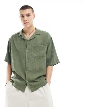 Collusion Textured Oversized Revere Short Sleeve Shirt With Raw Seam Detail - Green