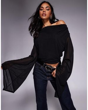 ASOS Sheer Mesh Flared Sleeve Cowl Cape Top - Black