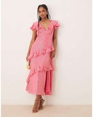 Lovedrobe Flutter Sleeve V Neck Ruffle Midaxi Dress - Pink