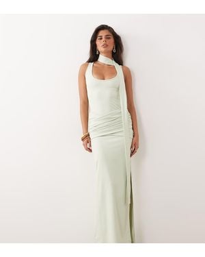 The Frolic Exclusive Slinky Wrap Scarf Drape Ruched Waist Detail Maxi Dress - White