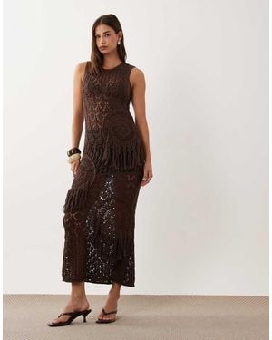 ASOS Crochet Patchwork Open Stitch Maxi Dress With Fringing - Brown