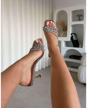 SIMMI Blushing Mirror Diamante Mid Heel Mules - Brown