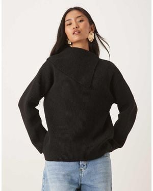 Pretty Lavish Split Collar Oversized Knit Jumper - Black