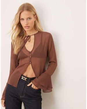 ASOS Crinkle Chiffon Bell Sleeve 70s Blouse - Brown