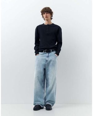 Pull&Bear Embroidered Super Baggy Jeans - Blue