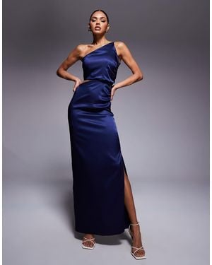 Vesper One Shoulder Ruched Satin Maxi Dress - Blue