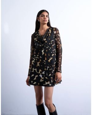 TOPSHOP Long Sleeve Cowl Neck Mini Tea Dress - Black