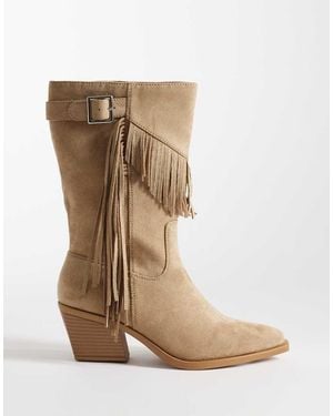 SEQWL Cowboy Knee Boots With Buckle Trim And Fringe - Brown
