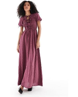 Daisy Street Vestito Lungo A Quadri Con Corpino Arricciato E Allacciatura Frontale - Viola